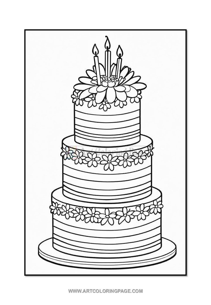 A three-tiered wedding cake decorated with flowers and topped with candles, outlined in a coloring book style.