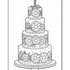 A multi-tiered wedding cake decorated with floral patterns, including daisies, on a cake stand, with a lit candle on top.