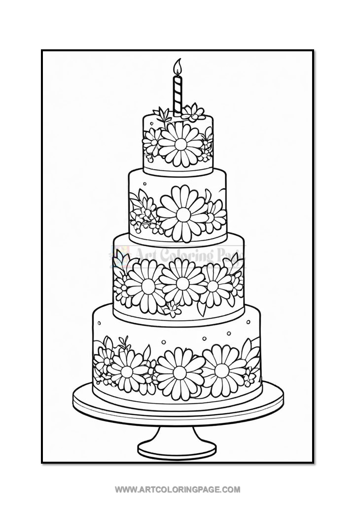 A multi-tiered wedding cake decorated with floral patterns, including daisies, on a cake stand, with a lit candle on top.