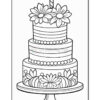 A three-tiered birthday cake decorated with flowers, a candle on top, and beads along the edges, all outlined in black and designed for coloring.