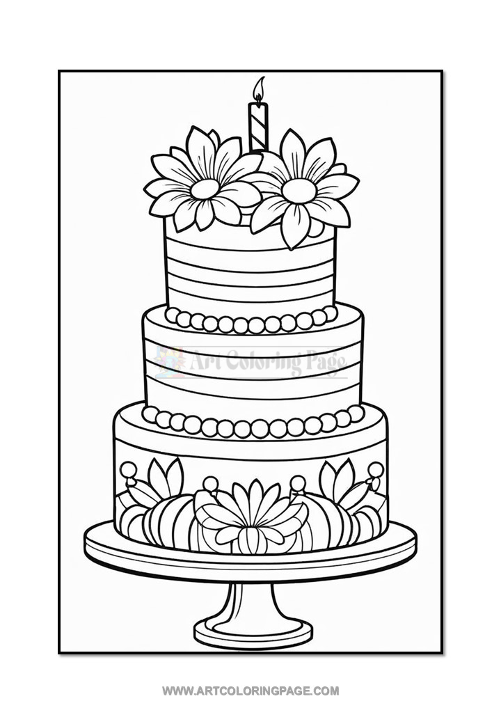 A three-tiered birthday cake decorated with flowers, a candle on top, and beads along the edges, all outlined in black and designed for coloring.
