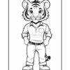 A cartoon tiger character standing upright, wearing a collared shirt, jeans, and sneakers, with short hair and a playful expression, set against a plain background.