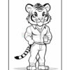 A cartoon tiger character standing upright, wearing a collared shirt and jeans, holding a cup of ice cream in one hand.