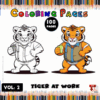 A playful illustration of a cartoon tiger in work attire, promoting a volume of coloring pages with vibrant colored pencils in the background.