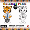 Coloring page featuring a cartoon tiger and a white tiger, both dressed in suits, with a colorful pencil background.