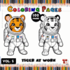 Two cartoon tigers in astronaut suits, one orange and one white, against a colorful crayon background, labeled