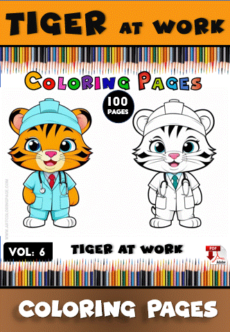 A colorful illustration featuring a tiger and a white tiger, both dressed as doctors, with the text "Tiger at Work" and "Coloring Pages" above.
