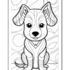 A black and white line art illustration of a cute seated dog with big eyes, outlined for coloring, surrounded by abstract shapes and patterns.