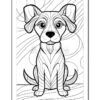 A line art illustration of a sitting dog with large eyes and prominent ears, surrounded by abstract wavy lines and circular shapes.
