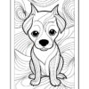 A black and white line drawing of a sitting dog with large ears and expressive eyes, surrounded by flowing wavy patterns in the background.