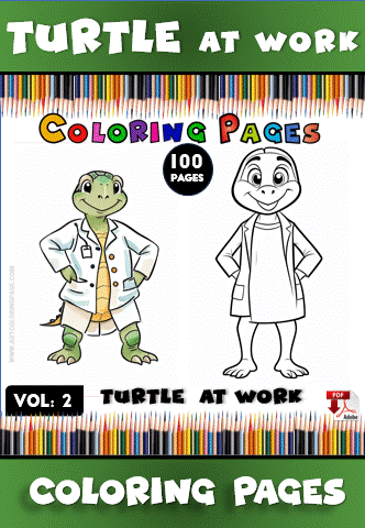 A cartoon turtle and a lizard in lab coats, featured on a coloring book cover titled "Turtle at Work" with bright colors and pencils.