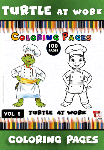 A turtle character in a chef's outfit alongside a smiling child in a uniform, promoting cozy coloring pages from artcoloringpage.com.