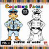Coloring pages featuring a police turtle character, with a colorful border of colored pencils, promoting artcoloringpage.com and a cozy coloring book theme.