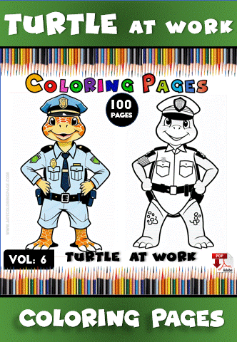 Coloring pages featuring a police turtle character, with a colorful border of colored pencils, promoting artcoloringpage.com and a cozy coloring book theme.
