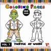 Two turtle characters in work attire featured on a coloring page with the text 
