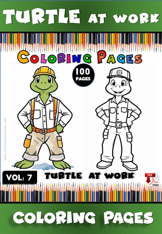 Two turtle characters in work attire featured on a coloring page with the text "Coloring Pages" and "Turtle at Work."