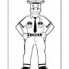 A cartoonish cow character dressed as a police officer, standing confidently with hands on hips, wearing a police uniform with a badge and a cap, featuring a friendly smile and large cartoonish eyes.