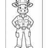 A cartoon-style cow wearing a work outfit with a shirt, pants, and a hard hat, standing with hands on its hips, smiling. The cow has a friendly expression and is depicted in black and white, suitable for coloring.