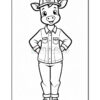 A cartoon cow character standing upright with arms crossed, wearing a cap and a buttoned shirt with two pockets, paired with pants and shoes. The image is outlined for coloring.