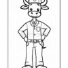 A cartoon cow character standing with hands on hips, wearing a cap with a badge, a button-up shirt, and jeans.