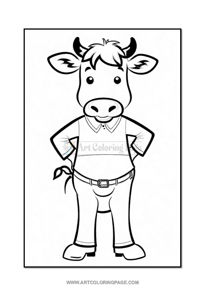 A cartoon cow character standing upright with arms crossed, wearing a collared shirt and trousers. The cow has a playful expression, short ears, and a tuft of hair on its head.