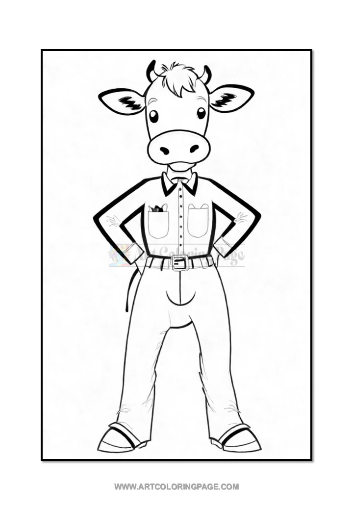 A cartoon cow standing upright, wearing a button-up shirt with pockets, a bow tie, and jeans, with hands on hips, showcasing a confident expression.