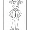 A cartoon cow character standing with arms crossed, wearing a buttoned vest, shirt, and pants, featuring a friendly expression and cartoonish features.