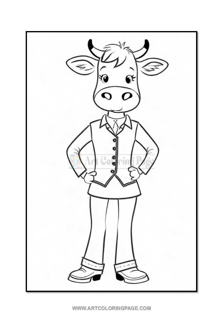 A cartoon cow character standing with arms crossed, wearing a buttoned vest, shirt, and pants, featuring a friendly expression and cartoonish features.