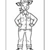 A cartoon-style illustration of a cow character wearing a cap and a button-up shirt, standing confidently with hands on hips. The character has a smile and is positioned against a plain background, outlined for coloring.