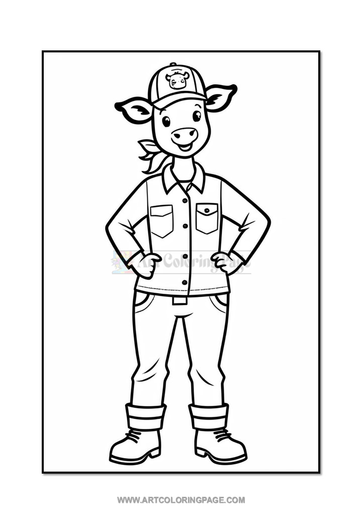 A cartoon-style illustration of a cow character wearing a cap and a button-up shirt, standing confidently with hands on hips. The character has a smile and is positioned against a plain background, outlined for coloring.