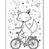 A cartoon-style fox with a cheerful expression is riding a bicycle against a whimsical background filled with stars and swirls.