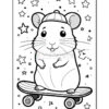 A cartoon hamster wearing a cap is skateboarding on a skateboard, surrounded by stars and dots, in a black and white coloring book style.