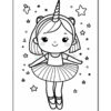 A cute cartoon girl with short hair and a unicorn horn, wearing a tutu and ballet shoes, surrounded by stars and sparkles in a black and white coloring book style.