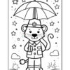 A cartoon-style lion character wearing a police uniform and holding a notebook under a large umbrella, surrounded by stars, clouds, and a sun in a whimsical landscape.