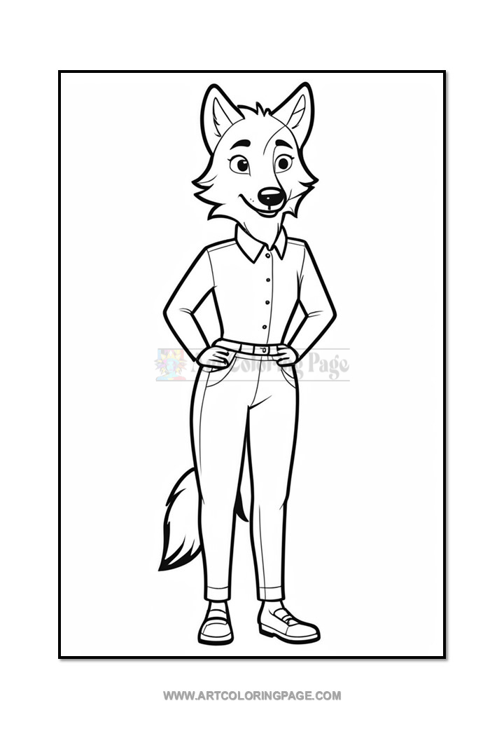A cartoon-style, line-drawn anthropomorphic fox character standing with hands on hips, wearing a button-up shirt, jeans, and sneakers, set against a plain background.