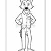 A cartoon wolf character standing with arms crossed, wearing a button-up shirt and pants. The image is in black and white, intended for coloring.