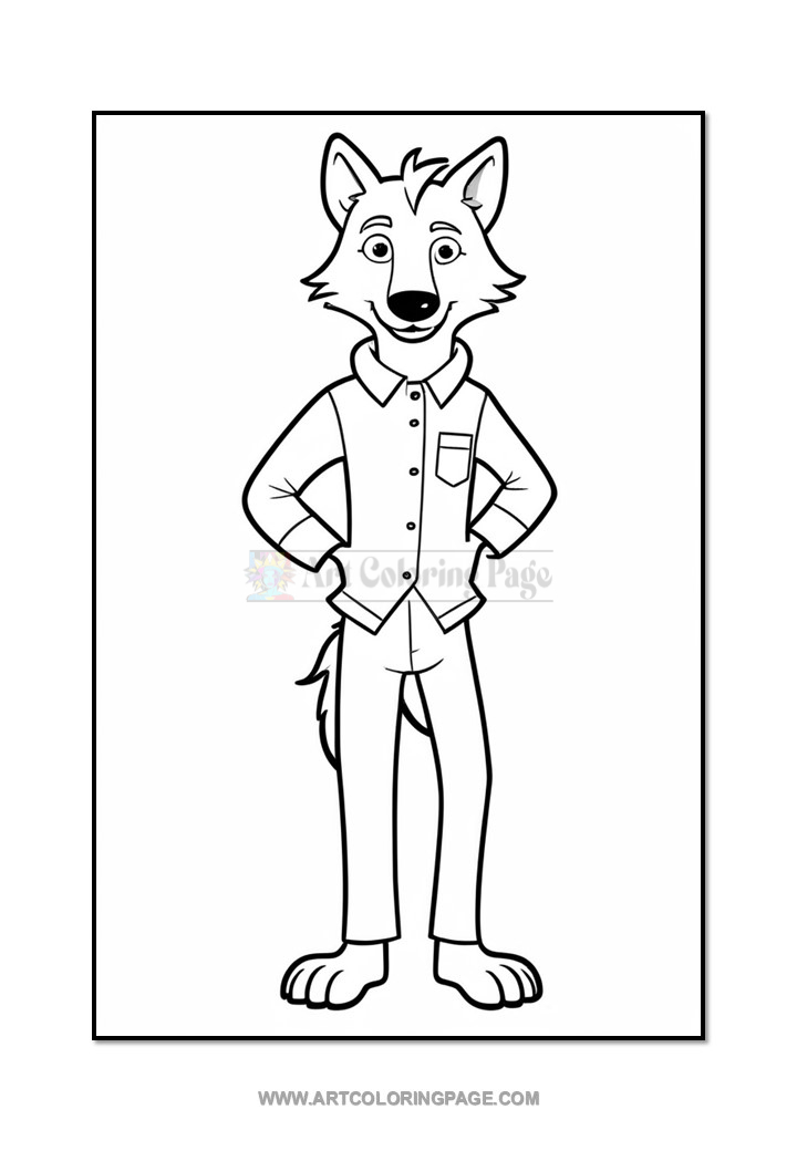 A cartoon wolf character standing with arms crossed, wearing a button-up shirt and pants. The image is in black and white, intended for coloring.