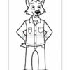 A cartoon wolf character standing with hands on hips, wearing a button-up shirt and pants, designed for coloring. The character has a friendly expression and distinctive wolf features, including pointed ears and a snout.