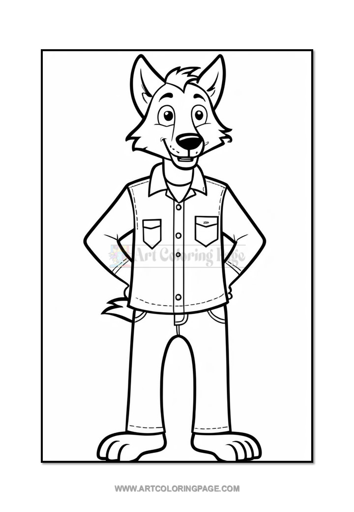 A cartoon wolf character standing with hands on hips, wearing a button-up shirt and pants, designed for coloring. The character has a friendly expression and distinctive wolf features, including pointed ears and a snout.