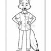 A cartoon wolf character standing confidently with hands on hips, wearing a short-sleeved button-up shirt and pants, with a fluffy tail and friendly expression.