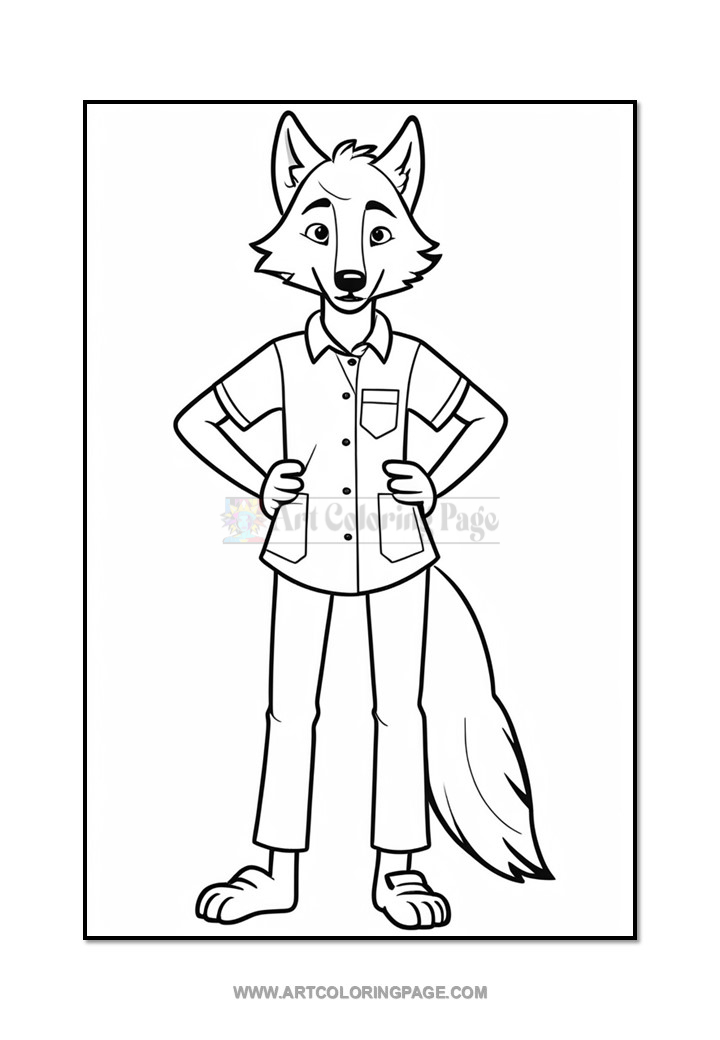A cartoon wolf character standing confidently with hands on hips, wearing a short-sleeved button-up shirt and pants, with a fluffy tail and friendly expression.