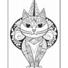 A black and white illustration of a stylized cat with geometric patterns, large round eyes, and decorative elements surrounding its head, set against a plain background.
