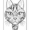 A black and white line drawing of a cat's face, featuring intricate patterns and designs including swirls and dots, with prominent eyes and whiskers, set against a plain white background.