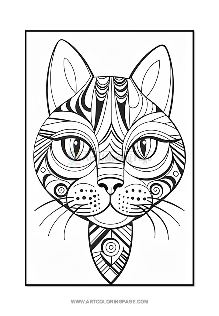 A black and white line drawing of a cat's face, featuring intricate patterns and designs including swirls and dots, with prominent eyes and whiskers, set against a plain white background.