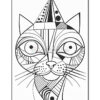 A stylized black and white outline drawing of a cat's face, featuring geometric patterns and shapes on its head, large expressive eyes, and pronounced whiskers.