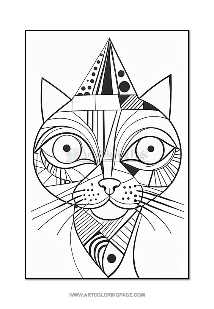 A stylized black and white outline drawing of a cat's face, featuring geometric patterns and shapes on its head, large expressive eyes, and pronounced whiskers.