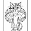 A stylized line art illustration of a cat, featuring geometric shapes and various patterns in its fur, with large expressive eyes and a background circle decorated with bubbles and stripes.