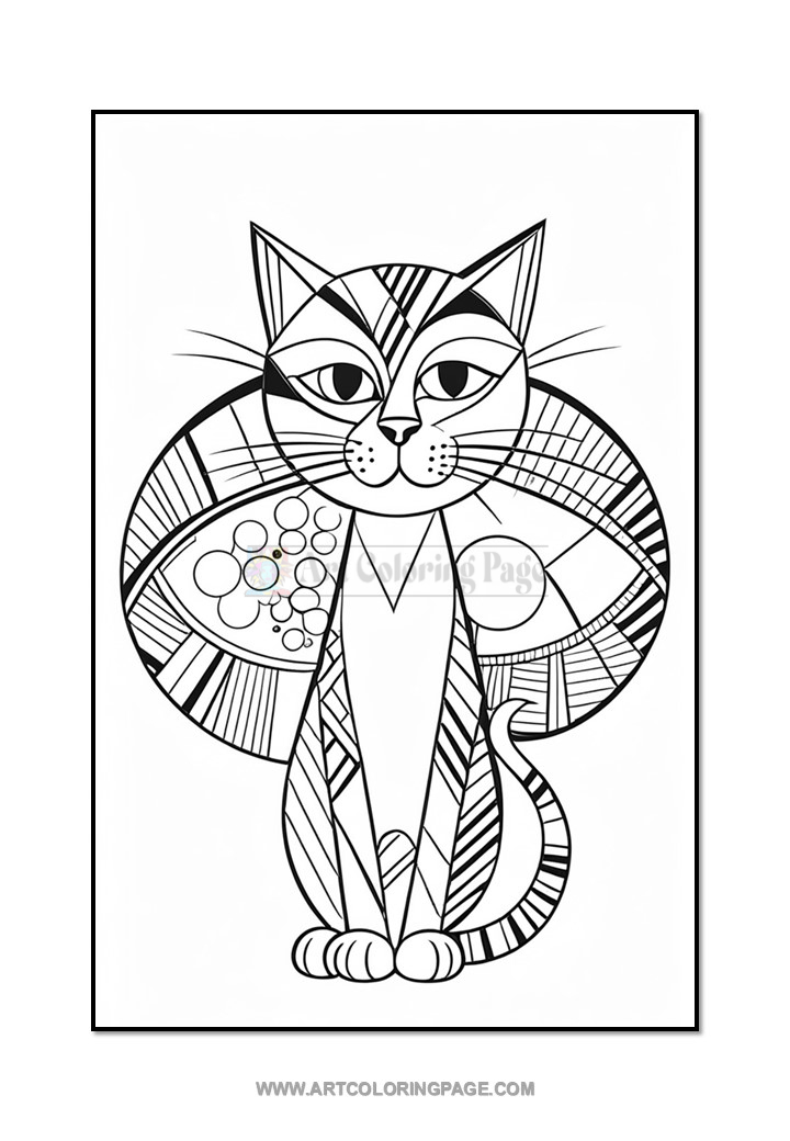 A stylized line art illustration of a cat, featuring geometric shapes and various patterns in its fur, with large expressive eyes and a background circle decorated with bubbles and stripes.