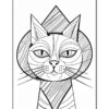 A stylized black and white illustration of a cat's face, featuring geometric patterns, distinctive pointed ears, and large, expressive eyes.