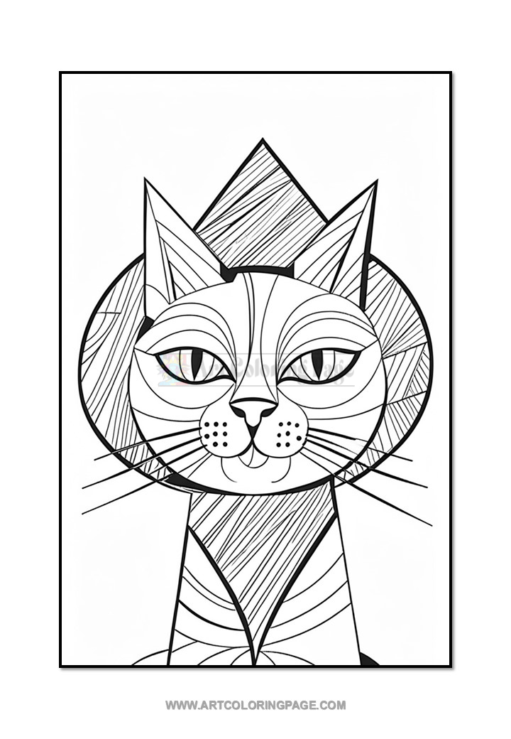 A stylized black and white illustration of a cat's face, featuring geometric patterns, distinctive pointed ears, and large, expressive eyes.